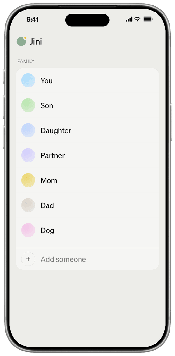 The family in Jini: You, Son, Daughter, Partner, Mom, Dad and Dog, each with their own colour, and a row to add someone